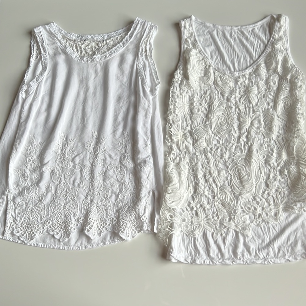 Bundle 2 embroidered lace, floral-lace detailing, sleeveless tops white